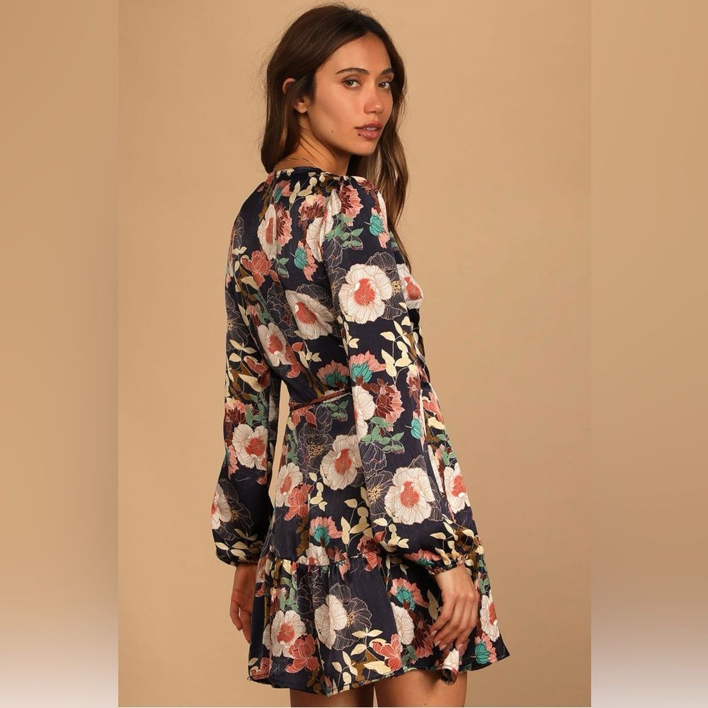 NWT Lulus Floral Wrap Dress Navy Satin Long Sleeve Mini Dress - Picture 8 of 8